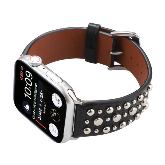 Black Studded Leather Punk Rock Apple Watchband - Picture 3 of 16